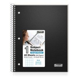 Dunwell Graph Paper Notebook 8.5 x 11, Plastic Cover, 80 Sheets, 1 Subject 4x4 Graph Ruled Notebook, Graph Paper Spiral Notebook, 1/4 Inch Grid Graphing Notebook, Durable Poly Divider with Pockets