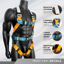 Ymachray Universal Full-Body Fall Protection Safety Harness with 5 D-Ring and Mating Buckle Legs | Tongue Buckle& Quick Release| Shock Absorbing Lanyard (OSHA/ANSI) (Reflective Full Body Harness)