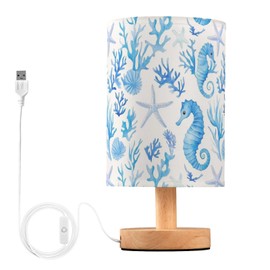 Nautical Seahorses Starfish Coral Blue Bedside Table Lamps with USB Port for Bedroom LampSmall Nightstand Lamp Sturdy Linen Shade Wooden Base Decorative Lamps for Nursery Kids Reading Dorm Home