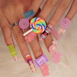 24Pcs Nails Press ons,Square Press on Nails Long Fake Nails Pink Acrylic False Nails with Cute Little Bear Candy Charms Designs Reusable Kawaii Artificial Nails Y2K Cartoon Stick on Nails For Women Girls