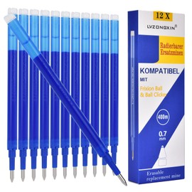 LVZONGXIN Blue Erasable Refills, Compatible with Frixion Ball & Clicker, 0.7 mm [Set of 12], Thermosensitive Ink, 400 m Writing Length (Blue)