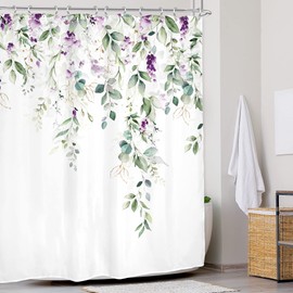 Glawry Green Eucalyptus Lavender Shower Curtain 60Wx72L Inches Watercolor Purple Floral Leaf Botanical Bathroom Plants Lilac Spring Summer Nature Bath Accessories Art Home Decor Fabric 12 Pack Hooks
