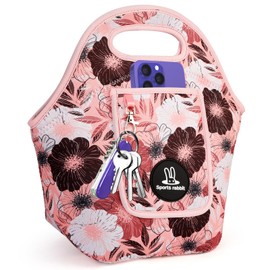 Sports Rabbit Neoprene Insulated Lunch Bag for Women - Front Pocket for Phone&Keys - Reusable, Foldable, Lightweight, Waterproof, Easy to Store & Clean - Ideal for Work, Travel & Picnics (Pink Floral)