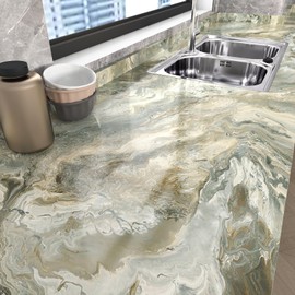 WESTICK Green Gold Marble Peel and Stick Countertops Waterproof Thick Liquid Marble Contact Paper for Desk Vinyl Countertop Wrap Gold Granite Contact Paper for Sink Tables Cabinets Camper 15.8"x80"