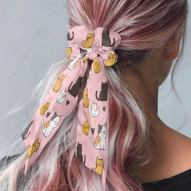 YUVAMAGIMO Cat 2 Pcs Bow Hair Ties for Women Hair Scarf Scrunchies Elastic Bowknot Ponytail Holder Ribbon Scrunchy with Long Tails Satin Hair Scrunchies Cute Pink Scrunchie for Women Girls