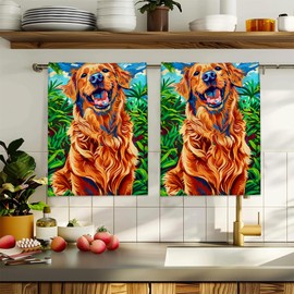 Kibue Adorable Golden Retriever Hand Towels, Soft Decorative Happy Dog Hand Towel Set of 2 for Bathroom Hotel Home, Absorbent Dish Towels for Kitchen Drying Farmhouse Gifts 14×28 Inch