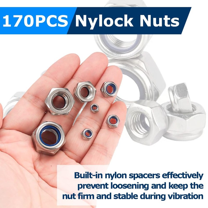 170 PCS Locknut Assortment 7 Sizes Nylock Nuts M3 M4
