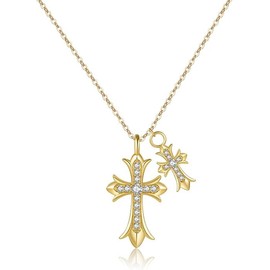 BERIS0 Gold Cross Necklace for Women,Gold Double Cross Necklace Non Tarnish,Handcrafted Double Cross Pendant,Cubic Zirconia Couple Style Jewelry Birthday Valentine's Day Easter Day Gifts (Gold)