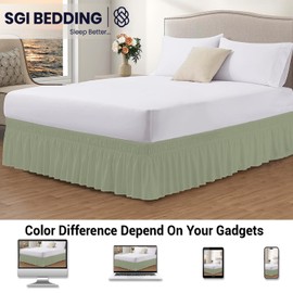 SGI King Bed Skirt 12 Inch Drop Wrap Around Bed Skirt with Adjustable Elastic Belt- No Heavy Mattress Lifting- Fade-Wrinkle Resistant Bedskirt Sage