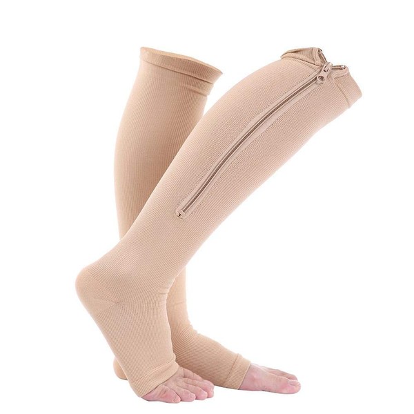 Knee Support Socks Sports Calf Compression for Women Men Varicose Vein Relief Leg Support Knee High Open, nude