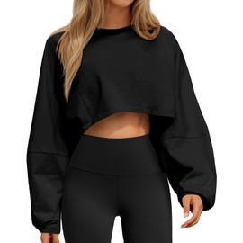 Tankaneo Womens Long Ballon Sleeve Sweatshirts Tops Cropped Crew Neck Loose Fit Casual Workout Shirts Black