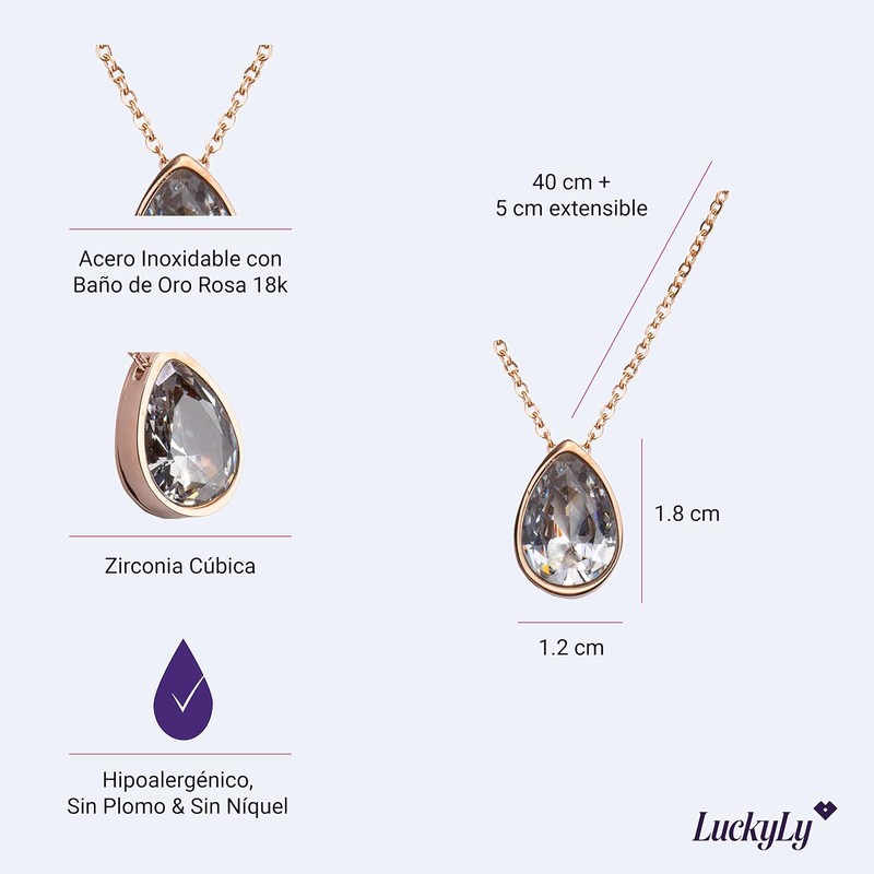 LuckyLy Collares para Mujer Oro Rosa 18K Plata Zirconia Cúbica