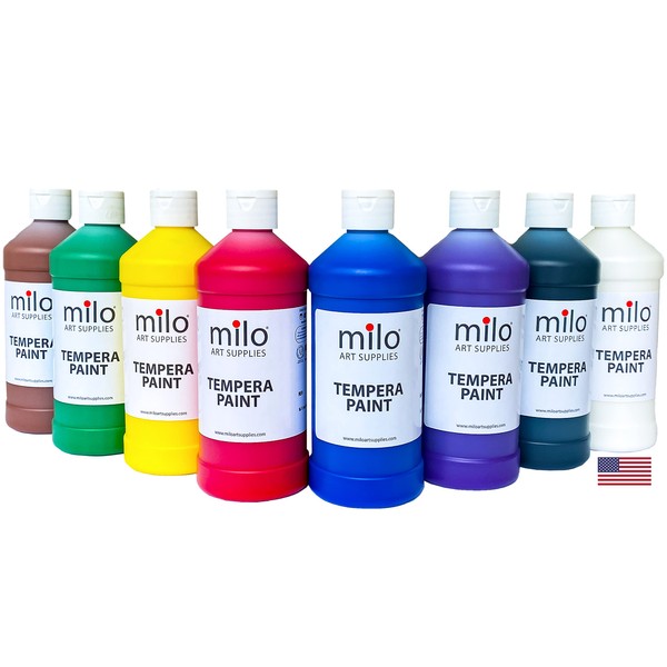 milo Tempera Paint Set of 8 Colors | 16 oz Bottles | Made in the USA | Washable and Non-Toxic Art & Craft Poster Primary Finger Paints for Artists, Kids, & Hobby Painters