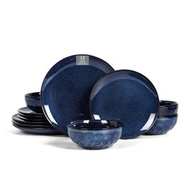 Vicrays Ceramic 12 Pieces Dinnerware Set - Dinner Plates Salad Plates Cereal Bowls Set Service for 4 - Scratch Resistant Microwave Oven Dishwasher Safe - Starry blue