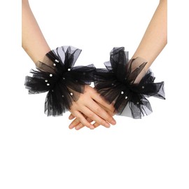 GRYUIRY Short Tulle Gloves Ruffle Pearl Mesh Wedding Gloves for Women Tea Party Hallowmas Christmas Costume Accessory Black