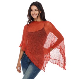 SHU-SHI - Women's Poncho Top with Ruffles - Transparent - Lightweight Knitted Material, Dark Orange