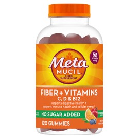 Metamucil Fiber Gummies for Adults with Vitamins C, D, B12 for Metabolism, No Sugar Added Citrus Berry Flavor, 5g Plant Based Prebiotic Fiber Supplement Blend, 120 Count