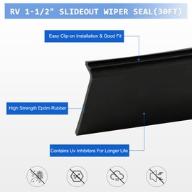 Aolamegs RV Slide out Seal - 1-1/2"" Slide-Out Wiper Seal (Clip-On) Rubber Seal Weather Stripping for Rvs,R854056 Black Rubber Seal Strip (30ft)