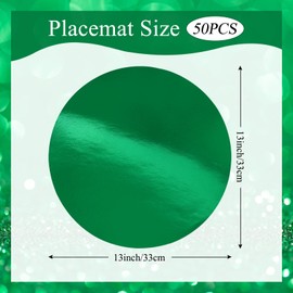 50 PCS Green Paper Placemats Round Disposable Place Mats Shiny Mirrored Paper Charger Tablemats for Mardi Gras Birthday Dinosaur Football Soccer Tropical Summer Jungle Safari Party Dinner Table Decor