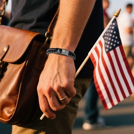 MEALGUET Initial R Bracelet for Men Gifts : Mens American Flag Letter Black Lava Rock Braided Leather Bracelets for Valentines Birthday Christmas Male Jewelry Gift for Him Husband Dad Son Boyfriend
