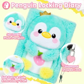 Pinkgarden Diary for Kids, 160 Pages Secret Diary, Plush Notebook with Lock and Key for Writing and Drawing, Gifts for Girls, Kids, Boys (Penguin)