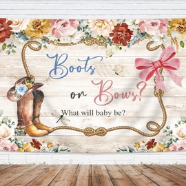 Imirell Boots or Bows Gender Reveal Backdrop 7Wx5H Feet Cowboy or Cowgirl Western Baby Shower Polyester Fabric Rustic Wooden Floral Flower Photography Backgrounds Photo Shoot Decor Props Decoration