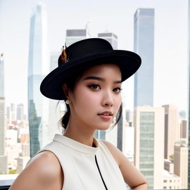 Michear Wool Felt Fedora Hat Wide Brim Derby Fedora Floppy Flat Pork Pie Hats Bowler Adjustable Band Feather Decoration (UK, Numeric, 6 7/8, 7 1/8, Black)