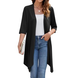 KUOTAI Womens Open Front Cardigan Casual Loose 3/4 Sleeve Lightweight Soft Drape Cardigans Sweaters Duster(Black, XX-Large)