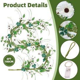 MHMJON 6 FT St Patrick's Day Garland with Lights Shamrock Garland with Silk Daisy Four Leaf Clover Garland Artificial Ivy Vines Garland for Spring Home Wedding Door Fireplace St Patrick's Day Decor
