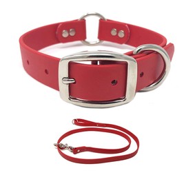 Regal Dog Products Large Red Waterproof Dog Collar and Leash Set - Vinyl Coated Biothane Pet Training Collar with Heavy Duty Center Ring & 5'ft Leash - Other Sizes for Puppy, Small & Medium Dogs