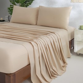 Jessrydo 100% Cotton Sheets Cal King Size Sheets Deep Pocket Fits 18"-24" Mattress Luxury Soft Breathable Cooling Beige Cotton Cal King Sheet Set 4 Pieces Cotton Bed Sheets