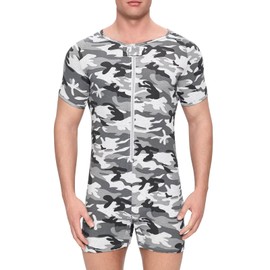 Landofgenie Onesie for Men Cotton Short Sleeve Camouflage Pajama Jumpsuits One Piece Printed Romper Bodysuit Zipper Up Light Grey S