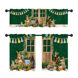 54" x 18" 26" x 36" Green Grass Wall Background Happy Easter Kitchen Curtains Tiers Bunny Bunting Flower Basket Flower Yellow Daisy Wooden Door Kids Room Window Decor Curtains Set of 3 Polyester