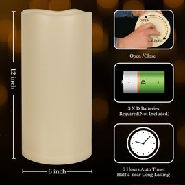 7LinRay 6" x 12" Extra Large Waterproof Outdoor Flameless Candle with Auto 6 Hour Timer, Battery Operated LED Pillar Candle for Lantern, Front Porch, Ivory Plastic, Long Last for 6 Month