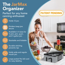 JarMax 16 oz Pint Mason Jar Organizer, Sturdy Pantry Canning Jar Storage Containers, Holds 12 Pint Size Ball Mason Jars, Foldable Canning Organizer, Stackable Home Storage Box w/Lid & Label holder