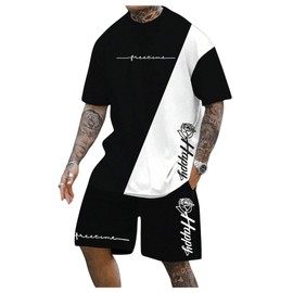 SOLY HUX Men's Tracksuits Color Block Print Short Sleeve Tee and Drawstring Shorts Summer 2 Piece Sets Black and White Large
