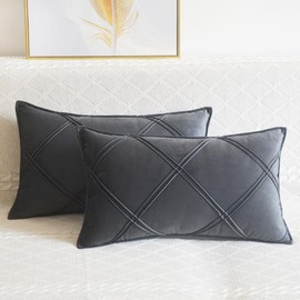 Lutanky Dark Grey Velvet Cushion Covers Decorative Rectangle Throw Pillow Covers Checked Design Elegant Pillowcases for Sofa Bed Living Room 12x20 Inch 30 x 50 cm Set of 2