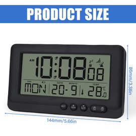 Digital Radio-Controlled Alarm Clock with Thermometer, Alarm Clock Digital with Two Alarm Times, Radio-Controlled Clock Digital with Backlight, Date, Day of the Week, Temperature, Snooze Function