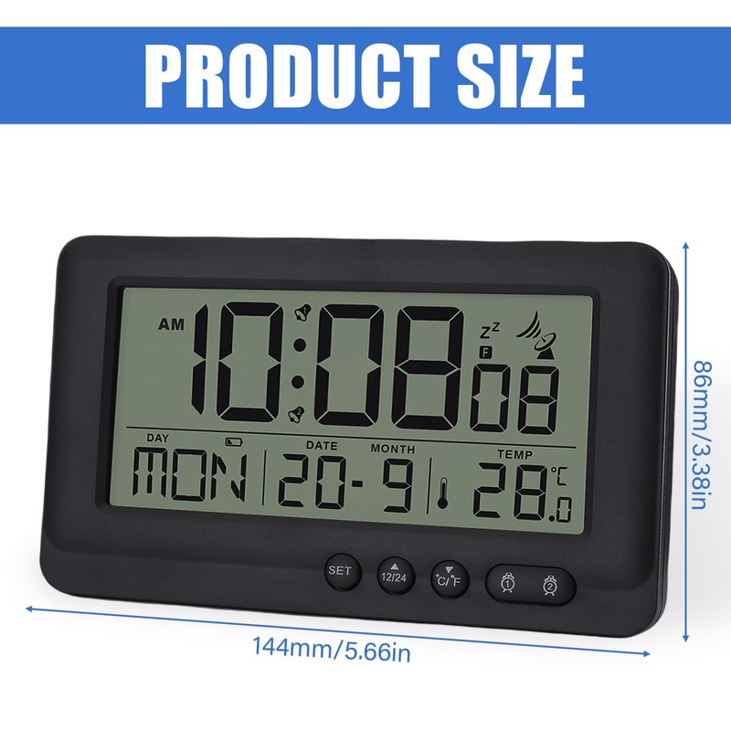 Digital Radio-Controlled Alarm Clock with Thermometer, Alarm Clock Digital with