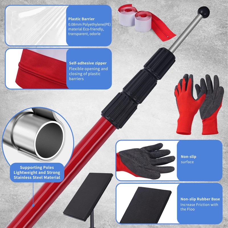 10FT Dust Barrier Zipper Door Kit with 32.8×14.7FT Plastic Sheeting,