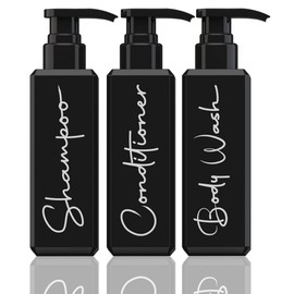 Luxury Spa-Inspired Shampoo and Conditioner Dispenser - Pump Bottles for Shower Wall - Set of 3 Refillable Bottles - Shampoo, Conditioner & Body Wash Silk Printed (Black)