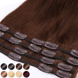 Clip-In Real Remy Real Hair Extensions, 8 Pieces, 18 Clips, Straight, 65 g, 20 cm (4 Medium Brown)