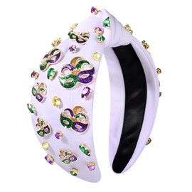boderier Mardi Gras Headband Glitter Feather Mask Headband Jeweled Crystal Embellished Knotted Headband Carnival Festive Holiday Hair Accessories (Glitter Mask-White)