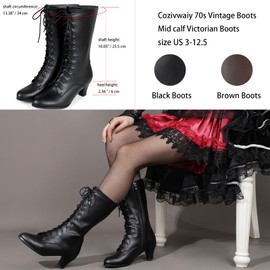 Cozivwaiy Women Vintage Victorian Boots 70s Lace up Boots Mid Calf Granny Boots Black Steampunk Costume Shoes Mid Heel Witch Boots Zipper Cone Heels 8.5