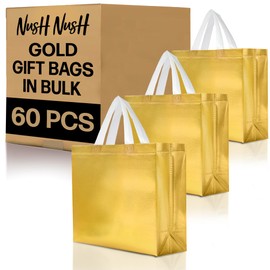 Nush Nush Shiny Large Gold Gift Bags Bulk - Set of 60 Gold Reusable Gift Bags with Handles- Ideal For Small Business, Christmas Gifts, Thanksgiving, Birthday Party Favor, Corporate Gifts - 13Wx5Dx11H