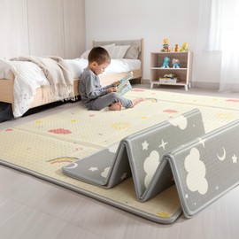 Extra Large Foldable Play Mat, Reversible Baby Play Mat with Edge Reinforcement, Non-Toxic & Waterproof Baby for Floor, Foam Playmat with Travel Bag, Rainbow, Cloud & Moon, 71"x59"