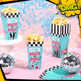 Watersay 24 Pack 1950's Rock and Roll Popcorn Boxes 50's Party Decorations 50s Retro Snack Box Back to 50's Rocking Party Supplies for Music Birthday Party Anniversary