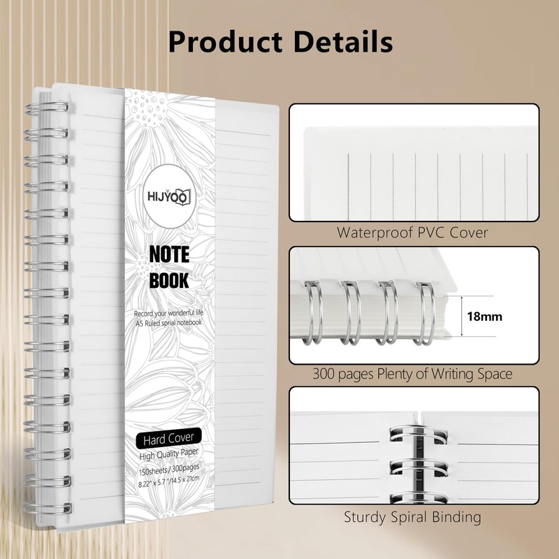 HIJYOO Notebook A5, 300 pages/150 sheets Wirebound Spiral Notebooks, A5
