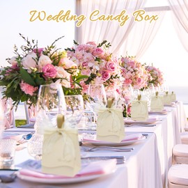 Wedding Candy Boxes, Sweet Wedding Favour Treat Boxes with Handle and Ribbon, Party Favor Candy Box for for Wedding Decoration Birthday Bridal Shower (Beige-Large-20pcs)