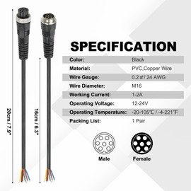 PATIKIL 7 Pin Electrical Connector 8 Inch / 20cm, 7 Core 24 AWG Male Female Connector Waterproof Outdoor LED Extension Cable for Motorcycle Car Truck Boat Strip Lights, Black